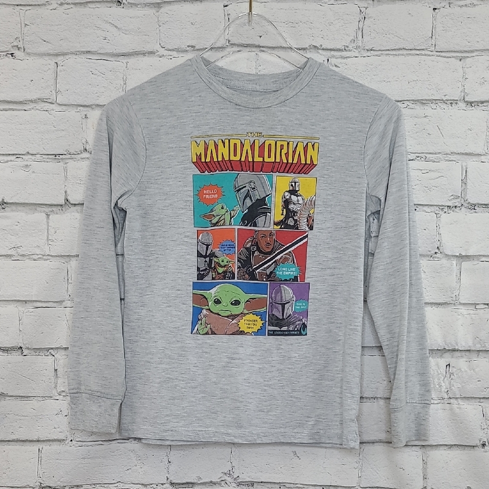 Star Wars The Mandalorian Graphic Crew Neck Long Sleeve Relaxed Fit Tee Lt Gray